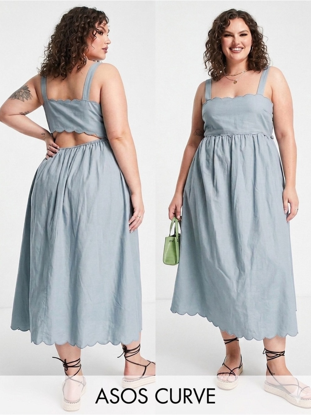ASOS Curve Cut Out Back Scallop-Hem Edge Midi Dress in Dusty Blue Dress